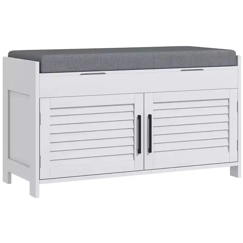 HOMCOM Shoe Bench, Modern Entryway Bench with Cushion and Hidden Compartments, 35.4 Shoe Organizer with Adjustable Shelves and Shutter Doors, White