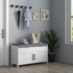 Banc à chaussures HOMCOM, banc d'entrée moderne avec coussin et compartiments cachés, organisateur de chaussures de 89,9 cm avec étagères réglables et portes à persiennes, blanc