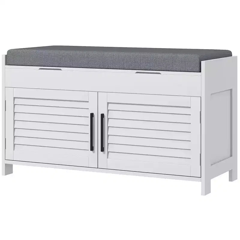 Banc à chaussures HOMCOM, banc d'entrée moderne avec coussin et compartiments cachés, organisateur de chaussures de 89,9 cm avec étagères réglables et portes à persiennes, blanc