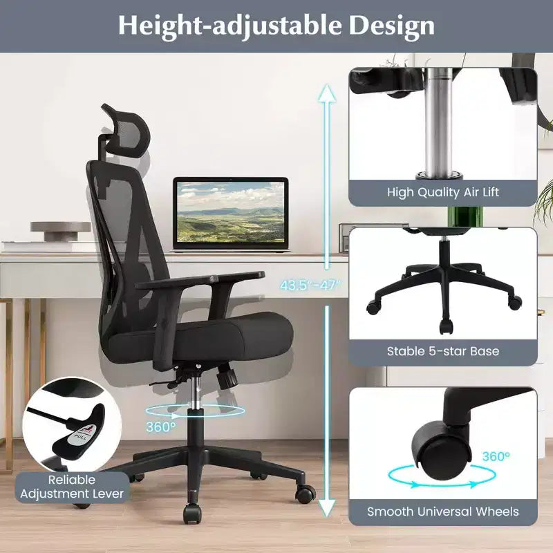 Chaise de bureau ergonomique Costway avec support lombaire réglable, fonction d'inclinaison et appuie-tête, noir