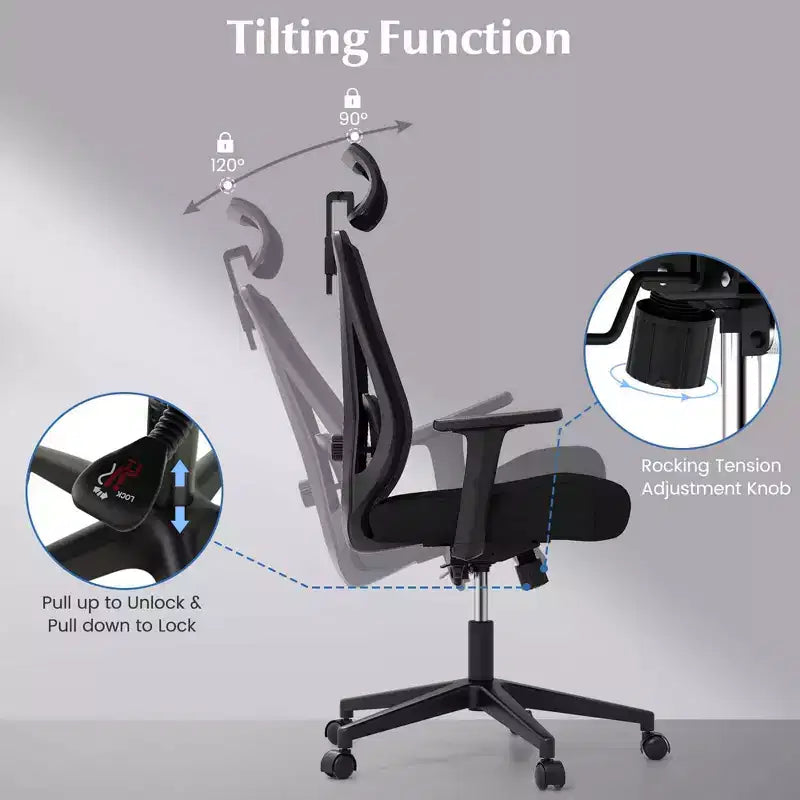 Chaise de bureau ergonomique Costway avec support lombaire réglable, fonction d'inclinaison et appuie-tête, noir