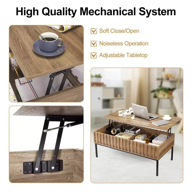 Table basse relevable WhizMax, table basse moderne du milieu du siècle, table basse en bois de style rustique avec compartiment de rangement caché