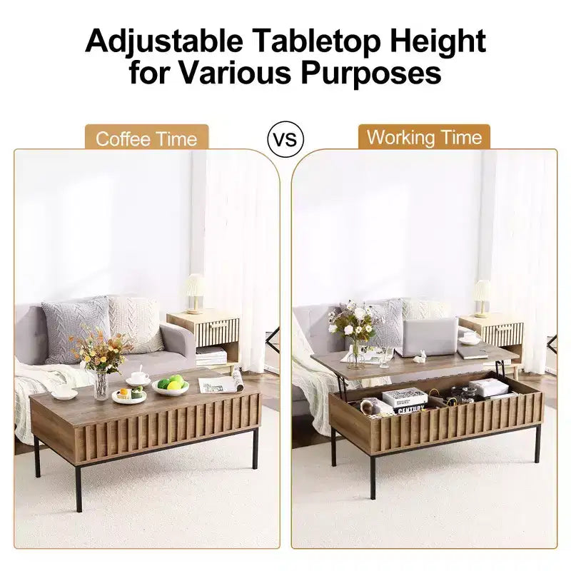 Table basse relevable WhizMax, table basse moderne du milieu du siècle, table basse en bois de style rustique avec compartiment de rangement caché