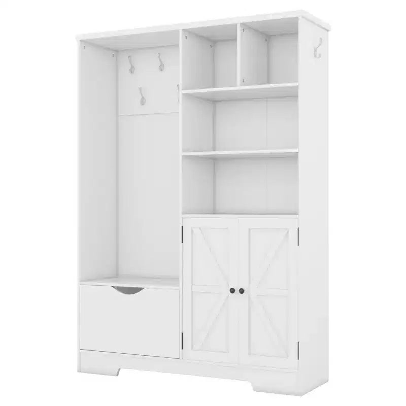 Meuble d'entrée 5 en 1 ModernLuxe de 52,7 po avec 7 crochets, armoire à chaussures et banc de rangement pour entrée, porte-manteau moderne avec étagères de rangement 4Q