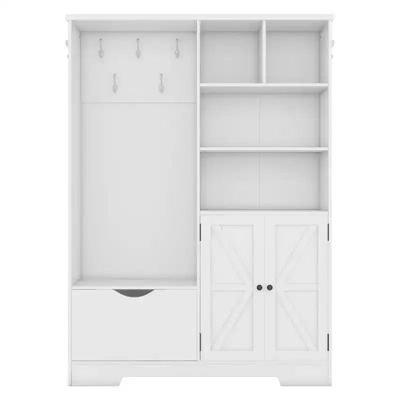 Meuble d'entrée 5 en 1 ModernLuxe de 52,7 po avec 7 crochets, armoire à chaussures et banc de rangement pour entrée, porte-manteau moderne avec étagères de rangement 4Q