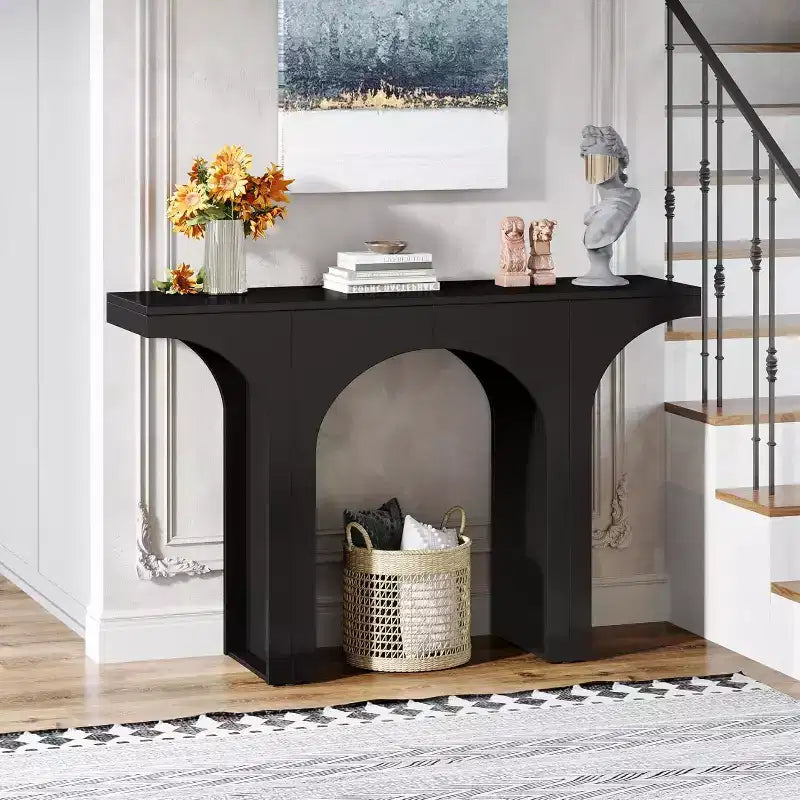 Console Lantine noire de 47,24 pouces avec piètement en arc