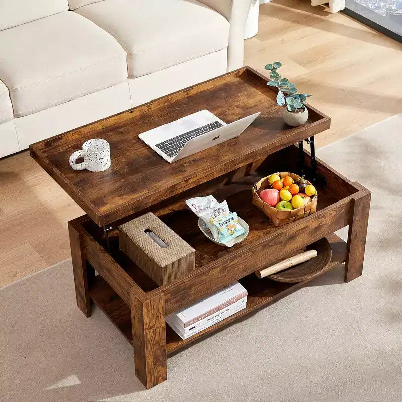 VECELO Table basse relevable avec compartiment caché et étagère de rangement Table à manger pour salon
