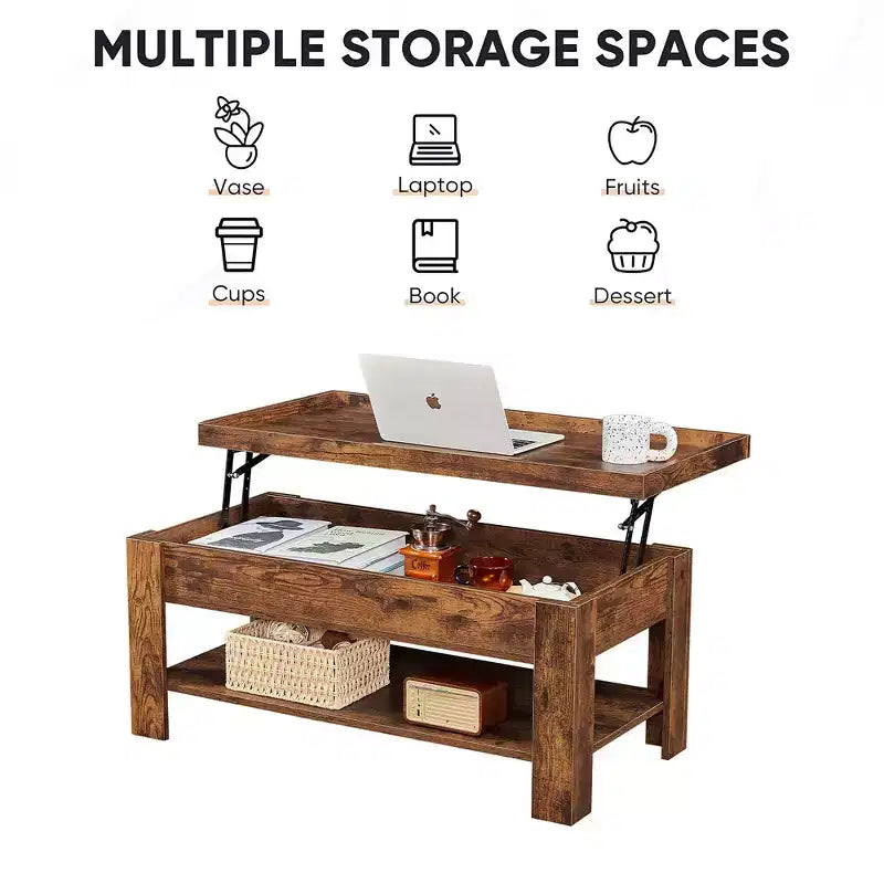 VECELO Table basse relevable avec compartiment caché et étagère de rangement Table à manger pour salon