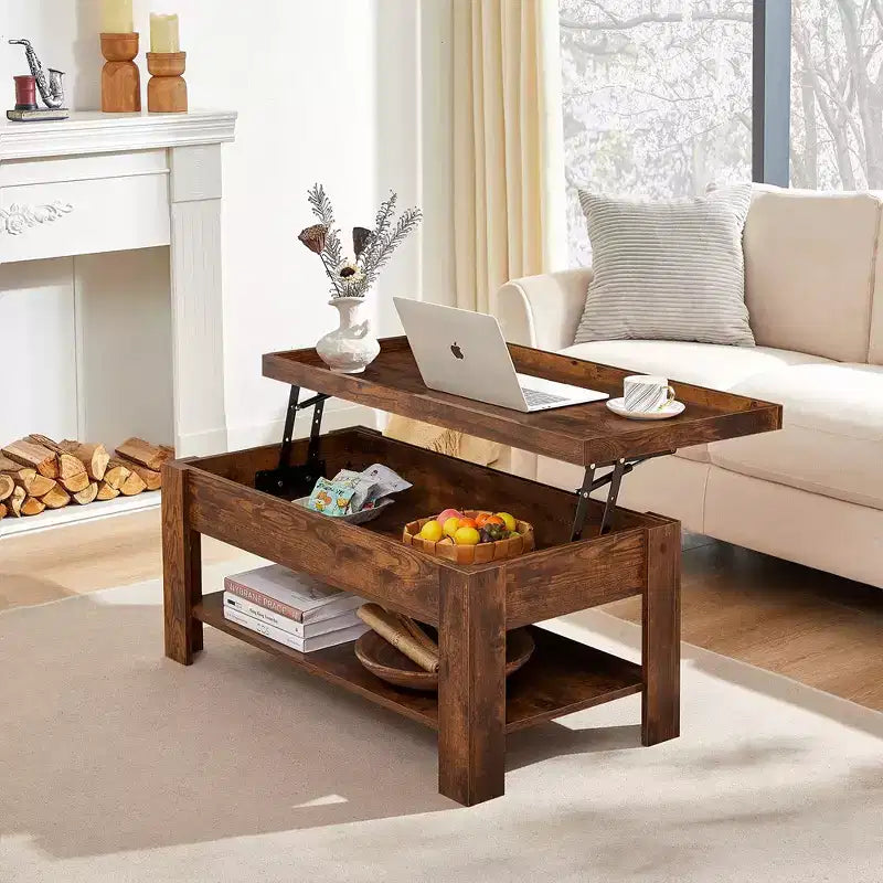 VECELO Table basse relevable avec compartiment caché et étagère de rangement Table à manger pour salon