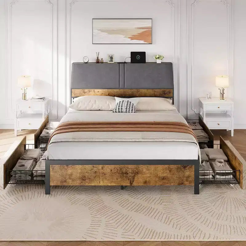 Cadre de lit Whizmax avec station de recharge et 4 tiroirs de rangement, lit plateforme en métal avec tête de lit ergonomique grand rangement, pas besoin de sommier tapissier, marron