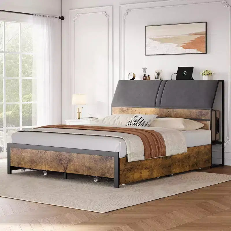 Cadre de lit Whizmax avec station de recharge et 4 tiroirs de rangement, lit plateforme en métal avec tête de lit ergonomique grand rangement, pas besoin de sommier tapissier, marron