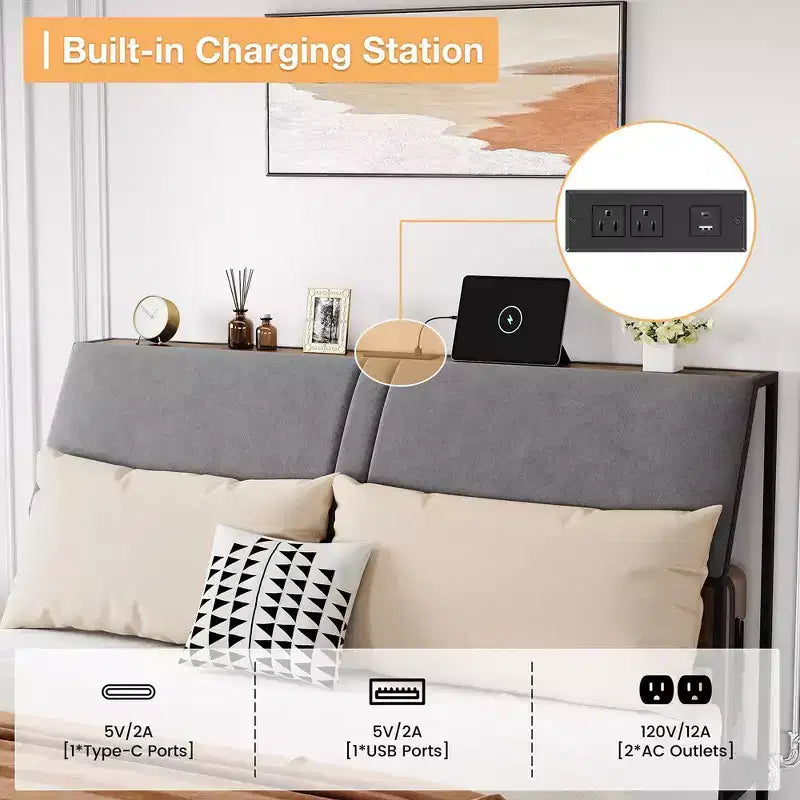 Cadre de lit Whizmax avec station de recharge et 4 tiroirs de rangement, lit plateforme en métal avec tête de lit ergonomique grand rangement, pas besoin de sommier tapissier, marron