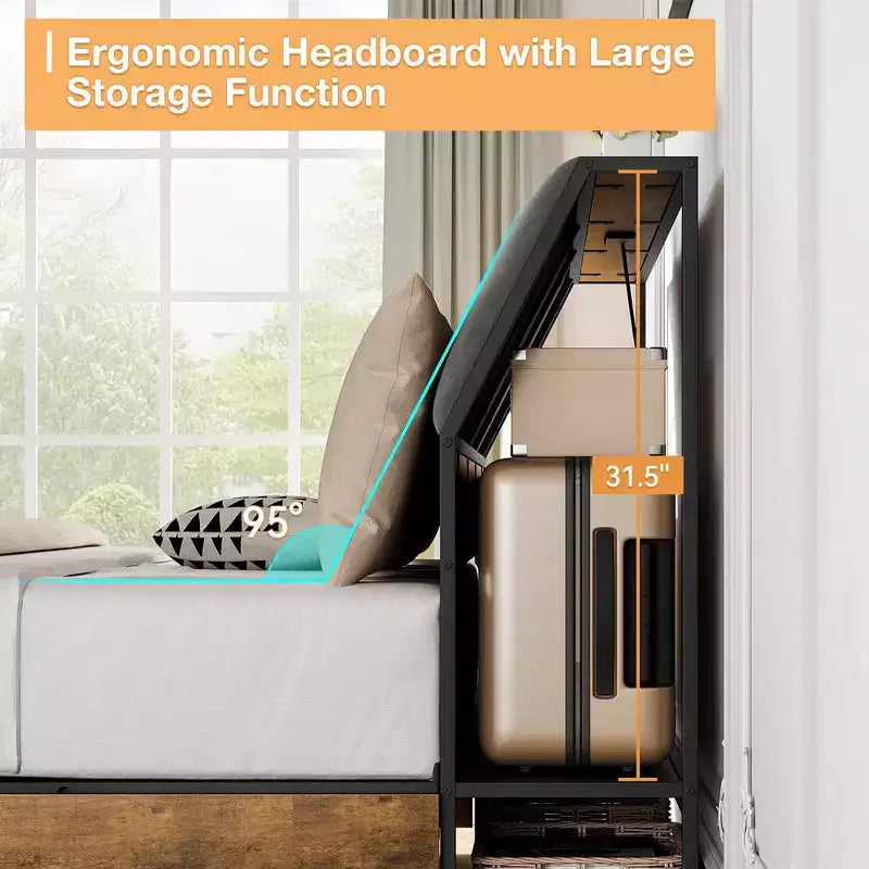Cadre de lit Whizmax avec station de recharge et 4 tiroirs de rangement, lit plateforme en métal avec tête de lit ergonomique grand rangement, pas besoin de sommier tapissier, marron