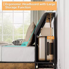 Cadre de lit Whizmax avec station de recharge et 4 tiroirs de rangement, lit plateforme en métal avec tête de lit ergonomique grand rangement, pas besoin de sommier tapissier, marron