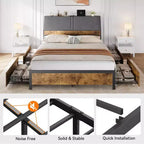 Cadre de lit Whizmax avec station de recharge et 4 tiroirs de rangement, lit plateforme en métal avec tête de lit ergonomique grand rangement, pas besoin de sommier tapissier, marron