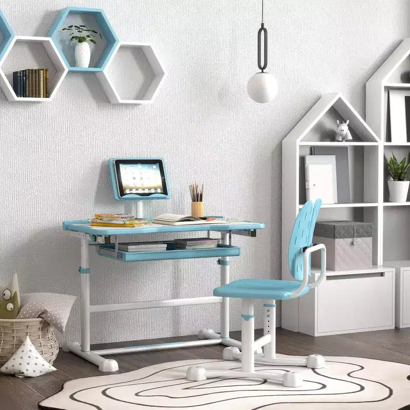 Ensemble bureau et chaise pour enfants Qaba, ensemble bureau et chaise d'étude réglable en hauteur avec plateau inclinable et rangement pour l'écriture, la lecture et le dessin