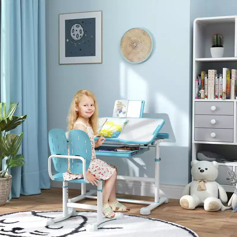 Ensemble bureau et chaise pour enfants Qaba, ensemble bureau et chaise d'étude réglable en hauteur avec plateau inclinable et rangement pour l'écriture, la lecture et le dessin