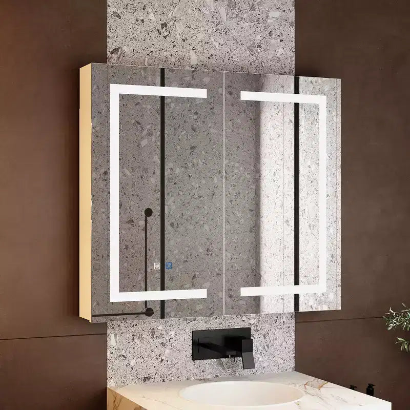 Armoire de toilette Famapy blanche antibuée avec éclairage et deux portes miroir