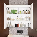Armoire de toilette Famapy blanche antibuée avec éclairage et deux portes miroir