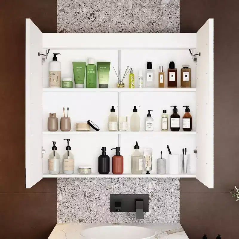 Armoire de toilette Famapy blanche antibuée avec éclairage et deux portes miroir