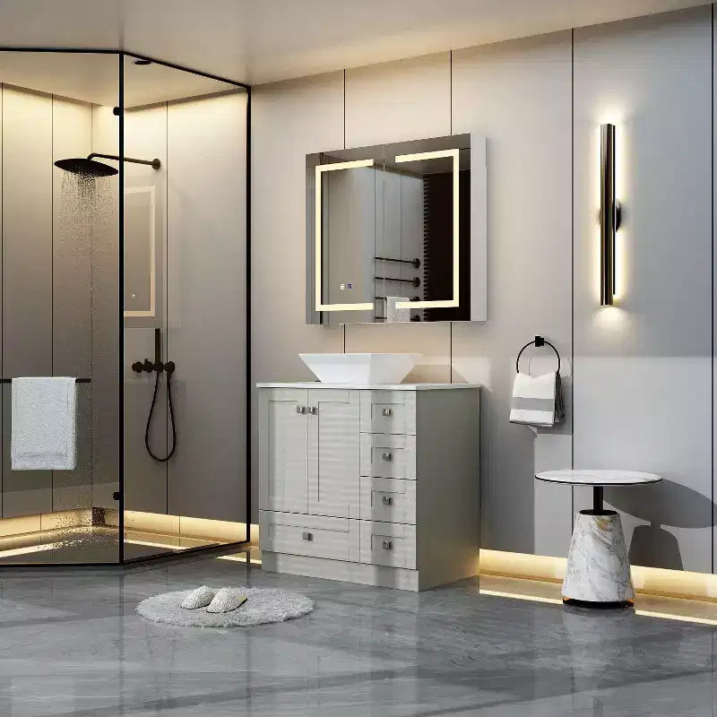 Armoire de toilette Famapy blanche antibuée avec éclairage et deux portes miroir