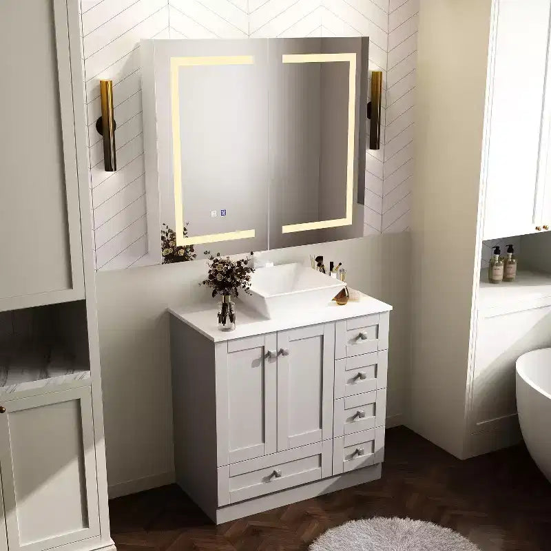 Armoire de toilette Famapy blanche antibuée avec éclairage et deux portes miroir