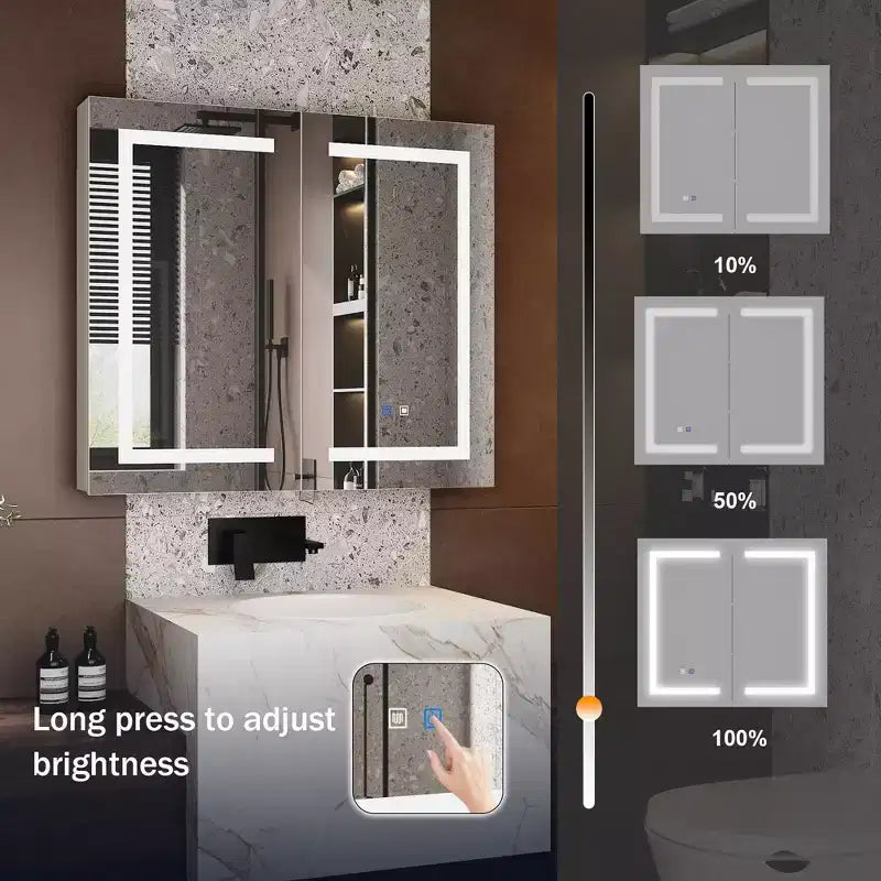 Armoire de toilette Famapy blanche antibuée avec éclairage et deux portes miroir