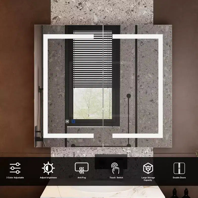 Armoire de toilette Famapy blanche antibuée avec éclairage et deux portes miroir