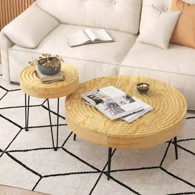Costway Table Basse Ronde de Ferme, Ensemble de 2 Tables d'Appoint Finition Naturelle pour Salon Marron/Naturel