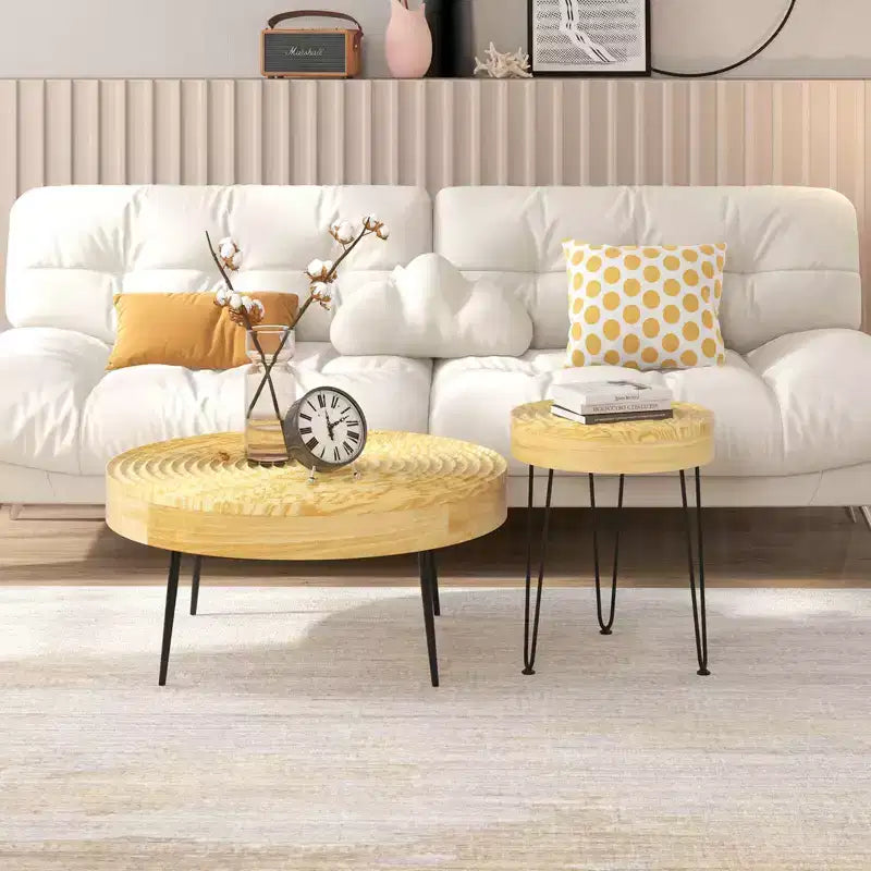 Costway Table Basse Ronde de Ferme, Ensemble de 2 Tables d'Appoint Finition Naturelle pour Salon Marron/Naturel
