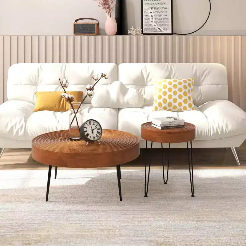 Costway Table Basse Ronde de Ferme, Ensemble de 2 Tables d'Appoint Finition Naturelle pour Salon Marron/Naturel
