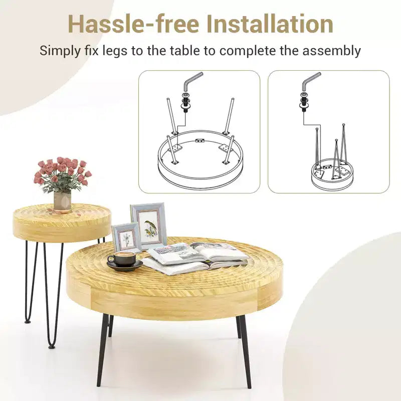 Costway Table Basse Ronde de Ferme, Ensemble de 2 Tables d'Appoint Finition Naturelle pour Salon Marron/Naturel