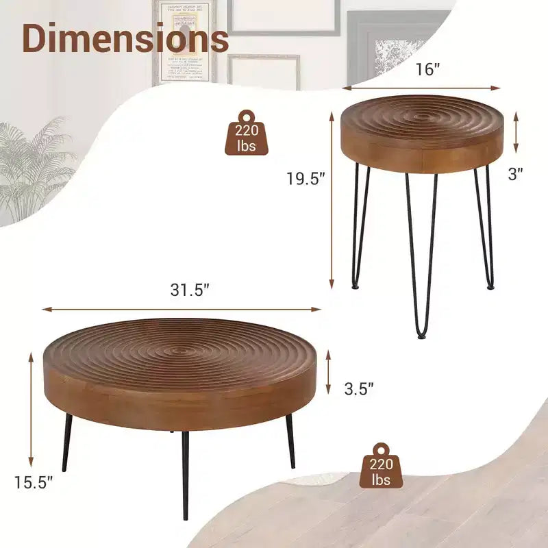 Costway Table Basse Ronde de Ferme, Ensemble de 2 Tables d'Appoint Finition Naturelle pour Salon Marron/Naturel