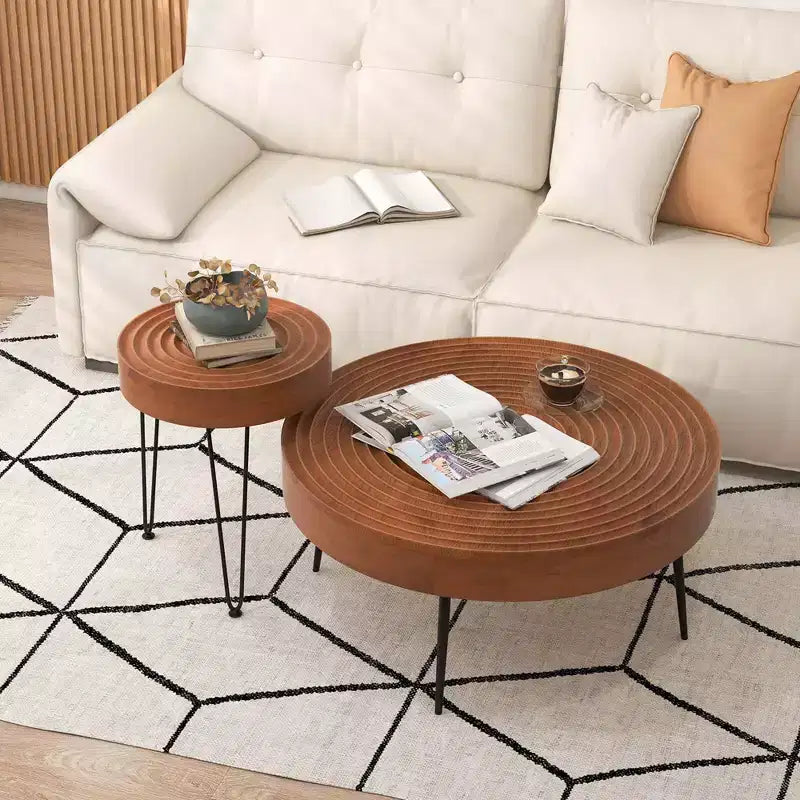 Costway Table Basse Ronde de Ferme, Ensemble de 2 Tables d'Appoint Finition Naturelle pour Salon Marron/Naturel