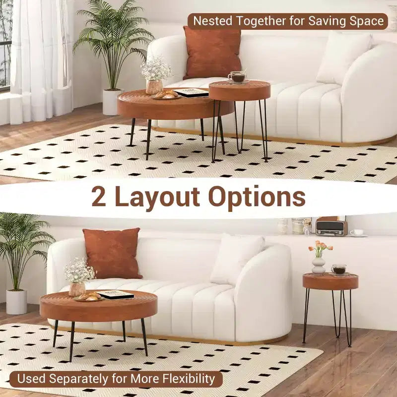 Costway Table Basse Ronde de Ferme, Ensemble de 2 Tables d'Appoint Finition Naturelle pour Salon Marron/Naturel