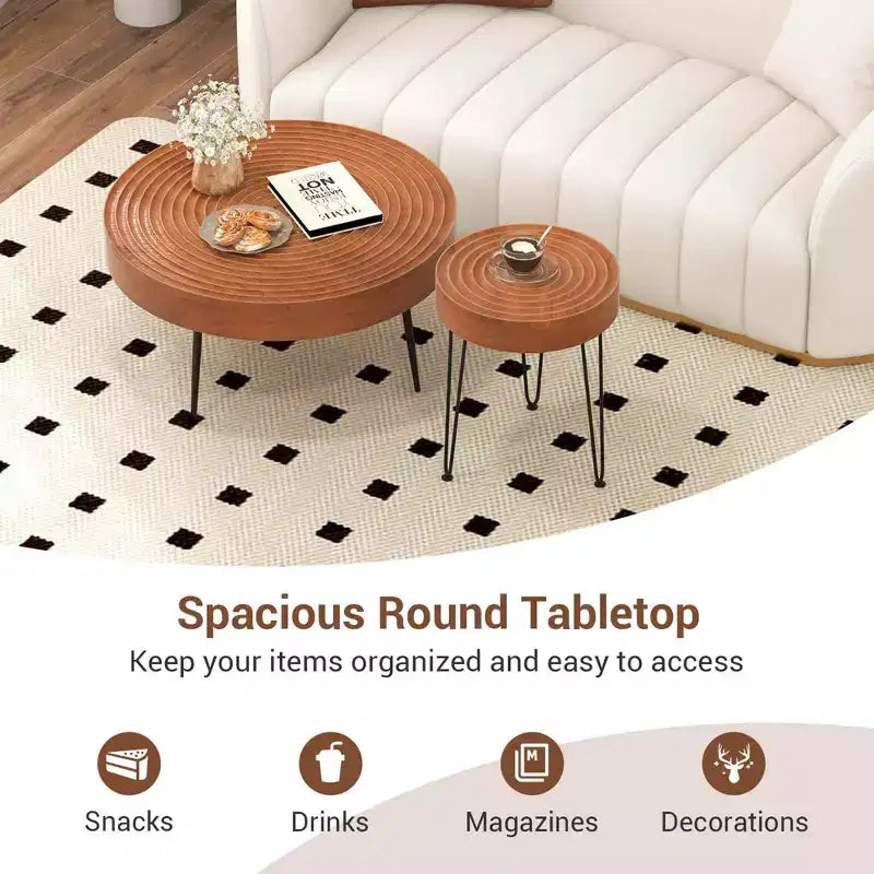 Costway Table Basse Ronde de Ferme, Ensemble de 2 Tables d'Appoint Finition Naturelle pour Salon Marron/Naturel