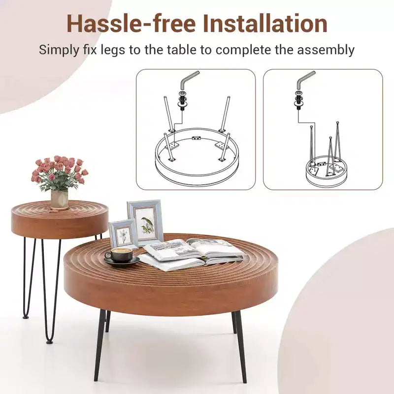 Costway Table Basse Ronde de Ferme, Ensemble de 2 Tables d'Appoint Finition Naturelle pour Salon Marron/Naturel