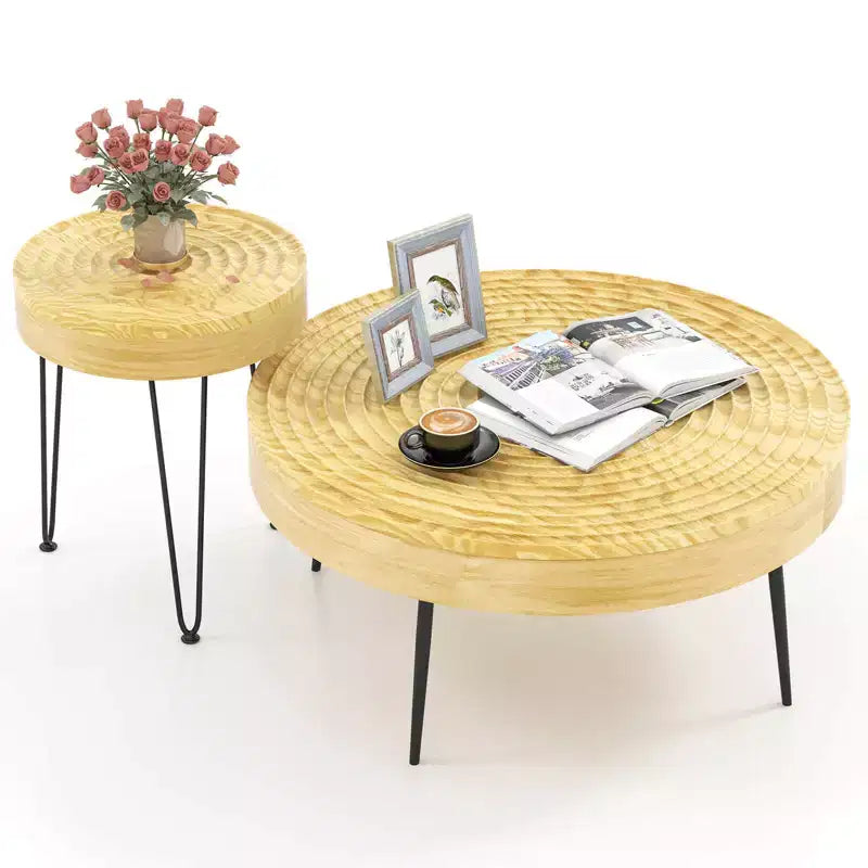 Costway Table Basse Ronde de Ferme, Ensemble de 2 Tables d'Appoint Finition Naturelle pour Salon Marron/Naturel