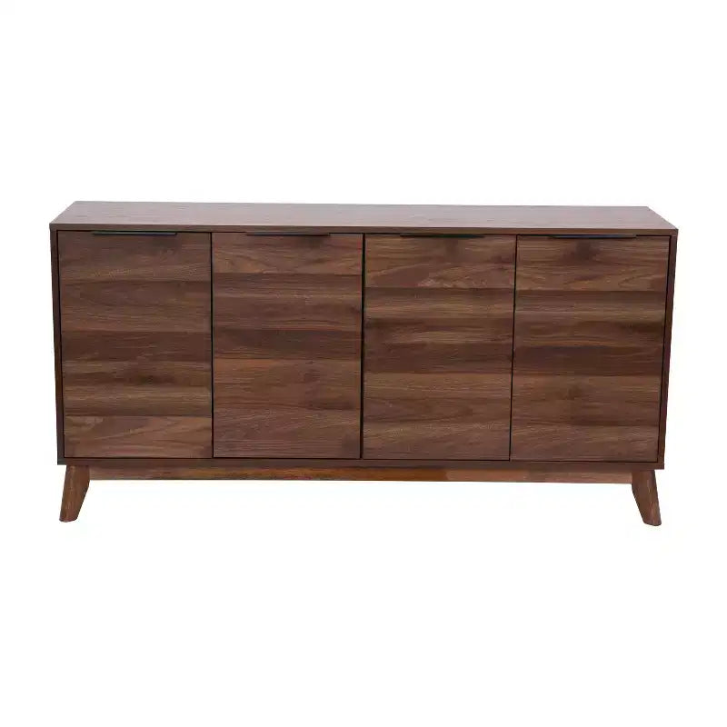 Buffet en bois moderne du milieu du siècle Emma et Oliver avec portes à fermeture douce, étagères et pieds fuselés élégants avec patins de protection de plancher