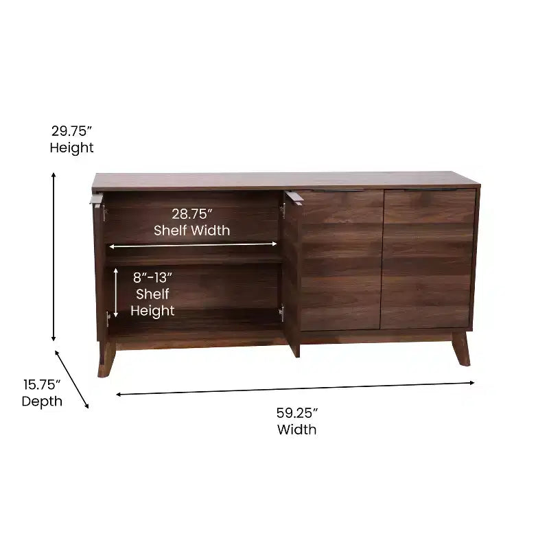 Buffet en bois moderne du milieu du siècle Emma et Oliver avec portes à fermeture douce, étagères et pieds fuselés élégants avec patins de protection de plancher