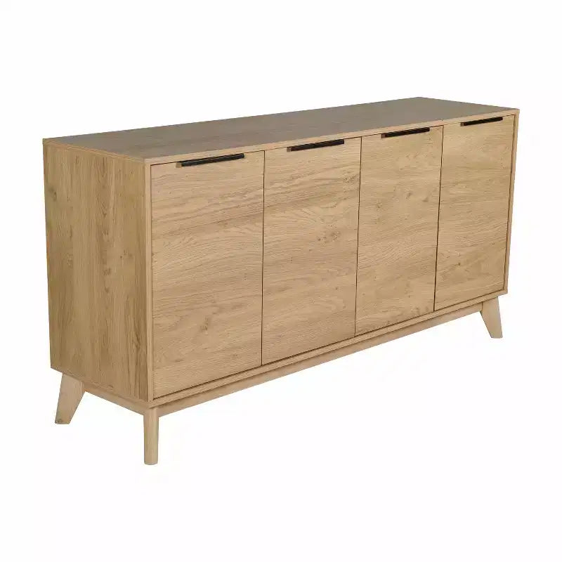 Buffet en bois moderne du milieu du siècle Emma et Oliver avec portes à fermeture douce, étagères et pieds fuselés élégants avec patins de protection de plancher