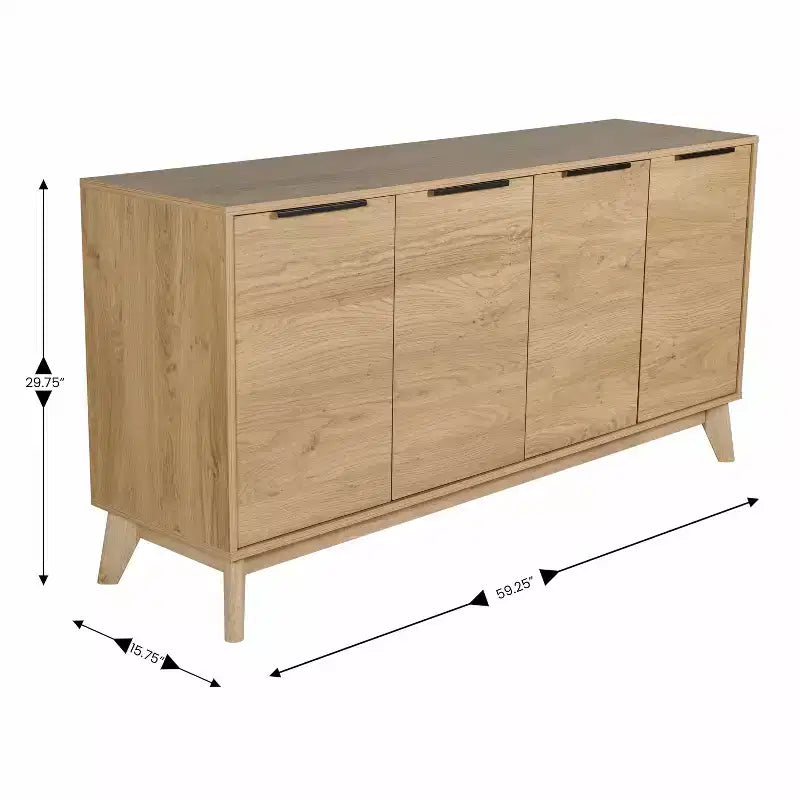 Buffet en bois moderne du milieu du siècle Emma et Oliver avec portes à fermeture douce, étagères et pieds fuselés élégants avec patins de protection de plancher