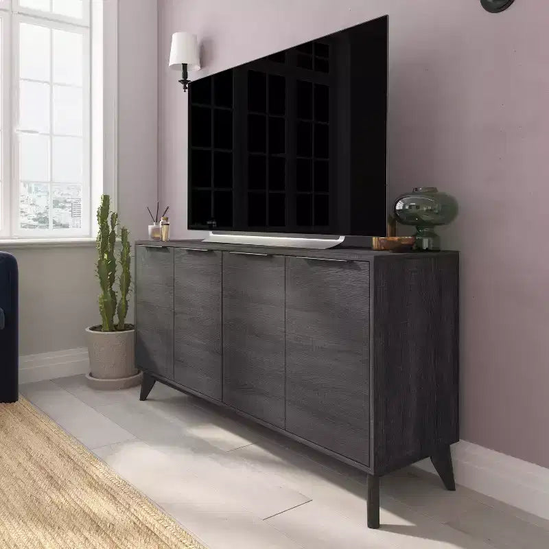Emma and Oliver Mid-Century Modern Wooden Buffet with Soft Close Doors, Shelving and Sleek Tapered Legs with Protective Floor Glides