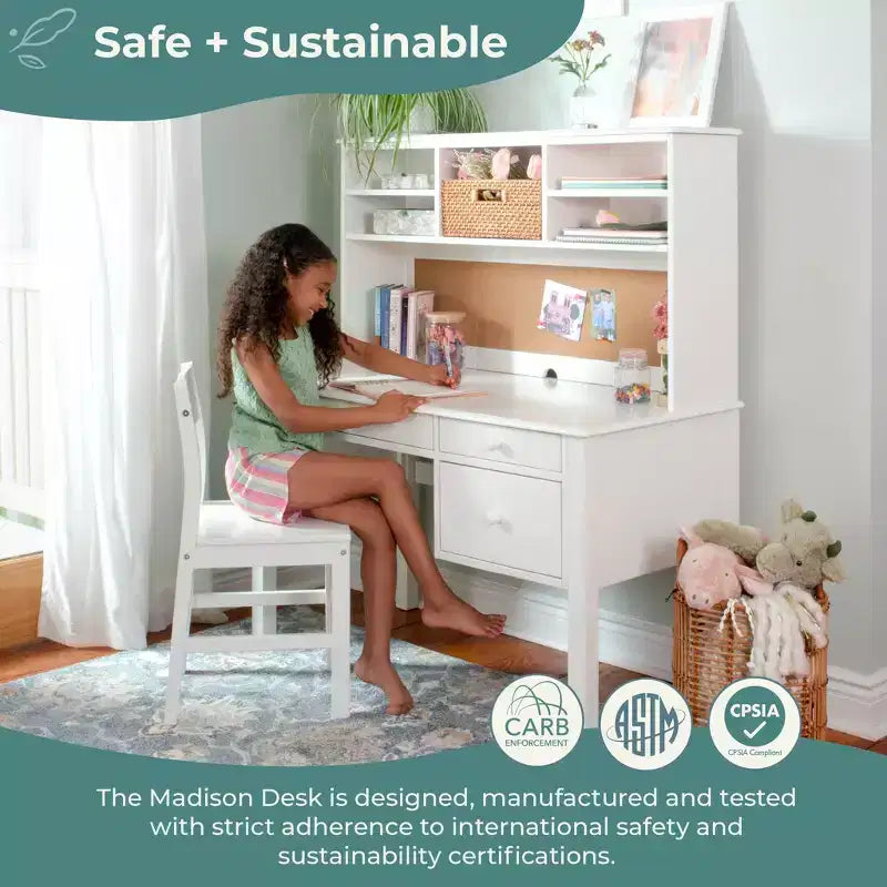 Guidecraft Madison Bureau pour enfant avec huche et chaise – Blanc : Table d'écriture en bois pour chambre d'enfant avec rangement, Table d'étude en bois pour enfants avec huche