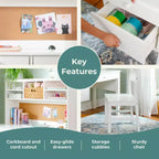 Guidecraft Madison Bureau pour enfant avec huche et chaise – Blanc : Table d'écriture en bois pour chambre d'enfant avec rangement, Table d'étude en bois pour enfants avec huche