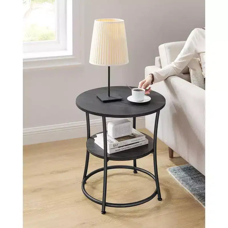 VASAGLE Table d'appoint ronde avec 2 étagères, Table basse d'extérieur, Gris anthracite et Noir encre