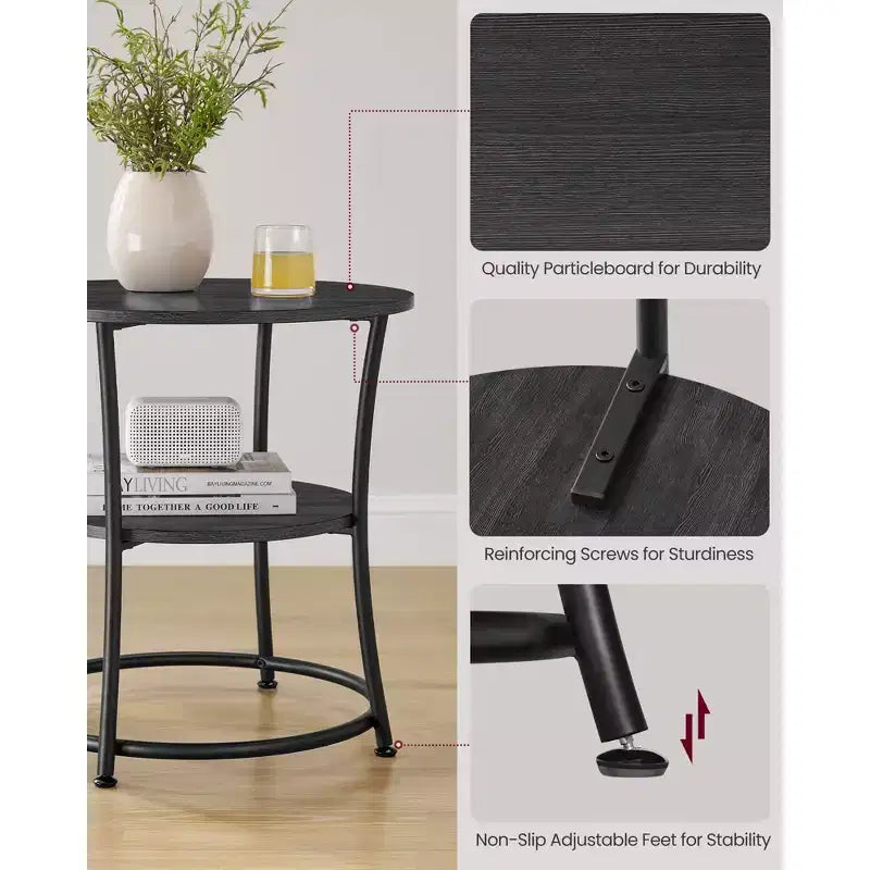 VASAGLE Table d'appoint ronde avec 2 étagères, Table basse d'extérieur, Gris anthracite et Noir encre