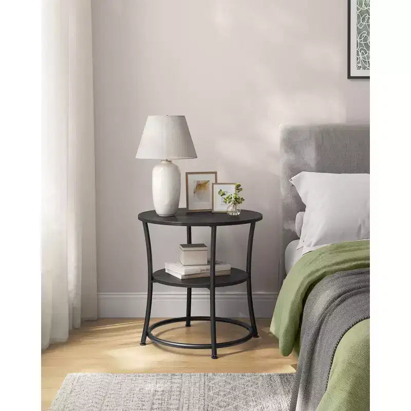 VASAGLE Table d'appoint ronde avec 2 étagères, Table basse d'extérieur, Gris anthracite et Noir encre