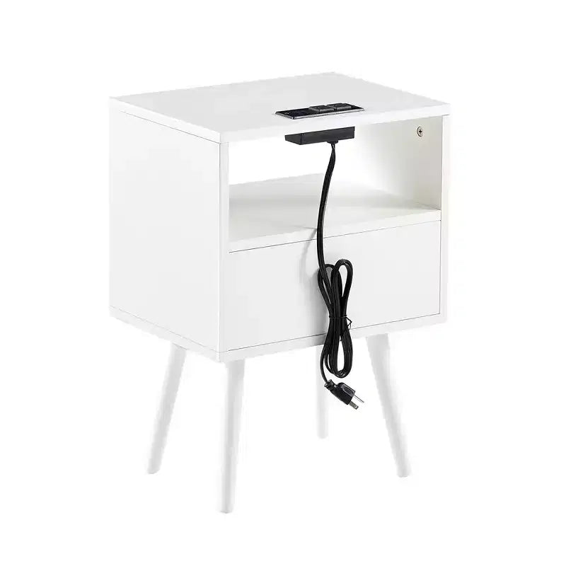 Table de chevet Mid-Century Moderne, table de chevet en rotin de 40 cm avec prise de courant et ports USB, tiroir, pieds en bois massif, table de nuit pour chambre à coucher.
