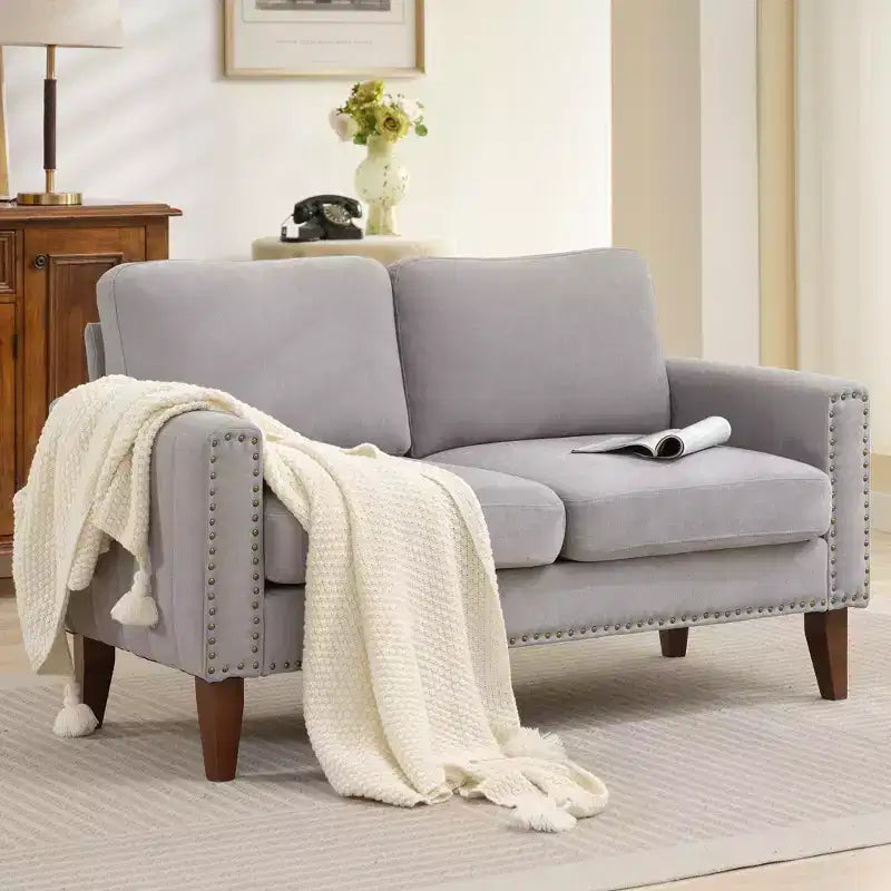 Canapé Loveseat Hyleory 57,48'' en Lin Rembourré avec Tête de Clou et Pieds en Bois Massif